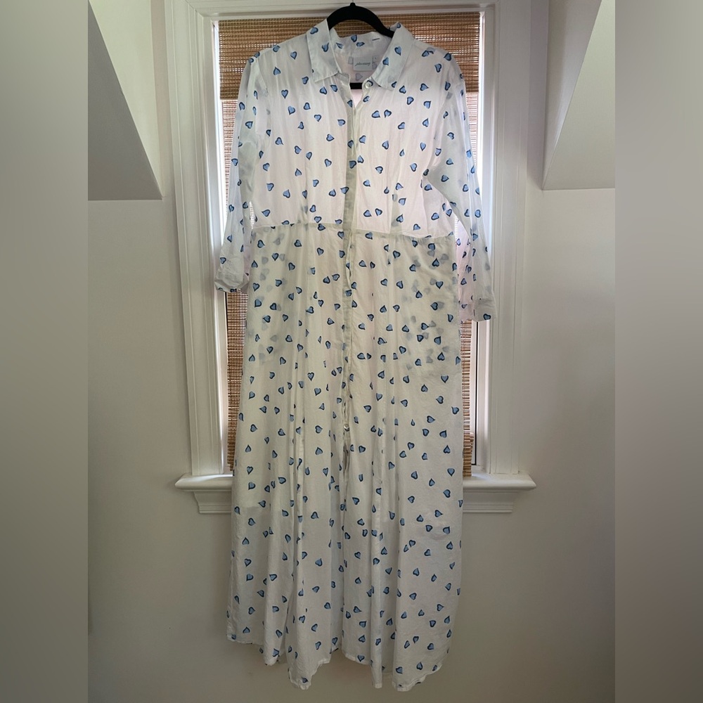 Julia Amory White Midi Maxi Shirt Dress Blue Heart Print size Large